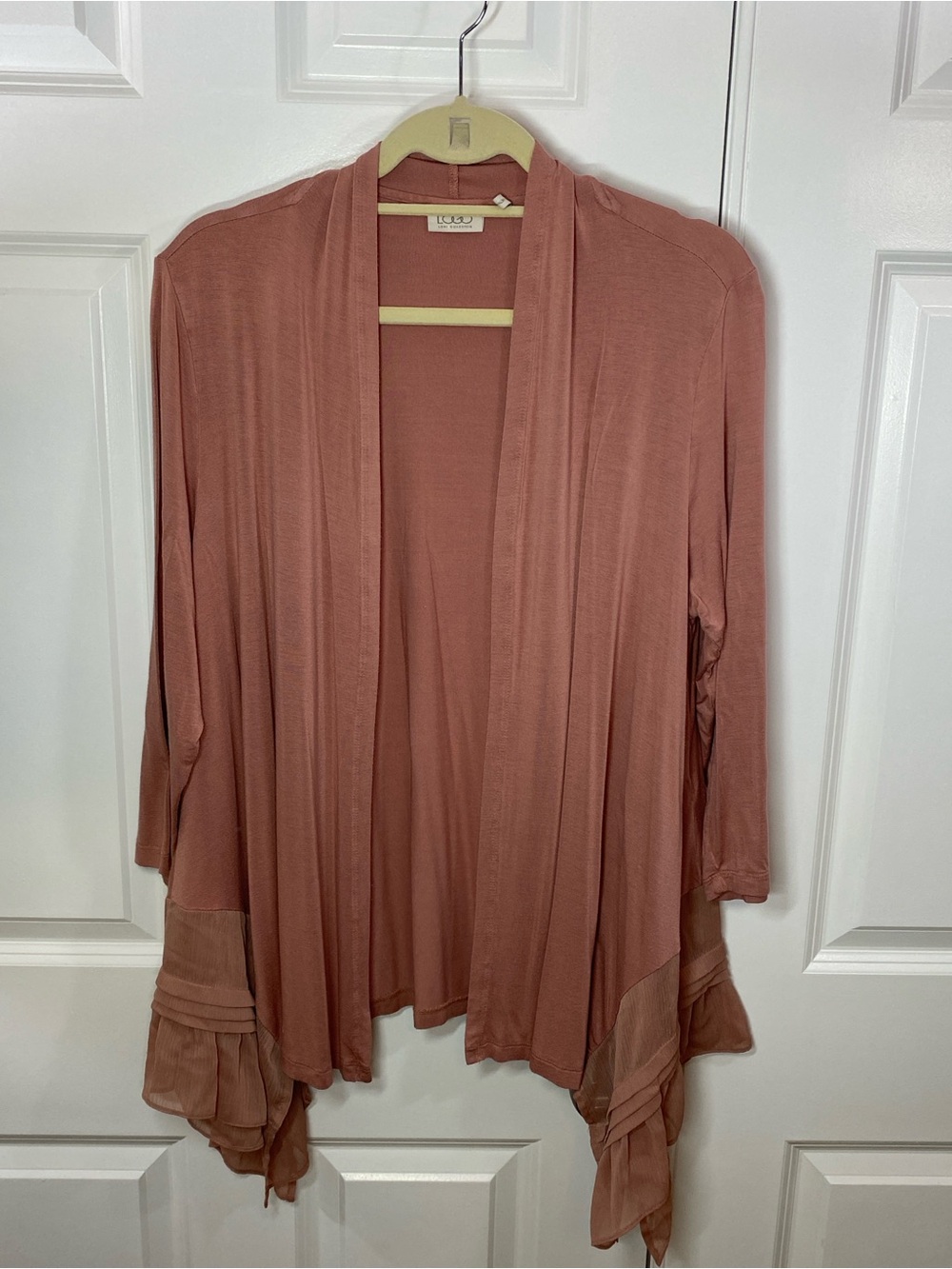 LOGO by Lori Goldstein Ruffled Open-Front Cardigan in Dusty Mauve